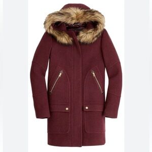 J. Crew Burgundy Puffer Coat with Faux Fur Trim
